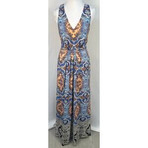 Anthropologie Maeve Medallion Paisley Silk Maxi Dress Blue Orange Teal Size 0